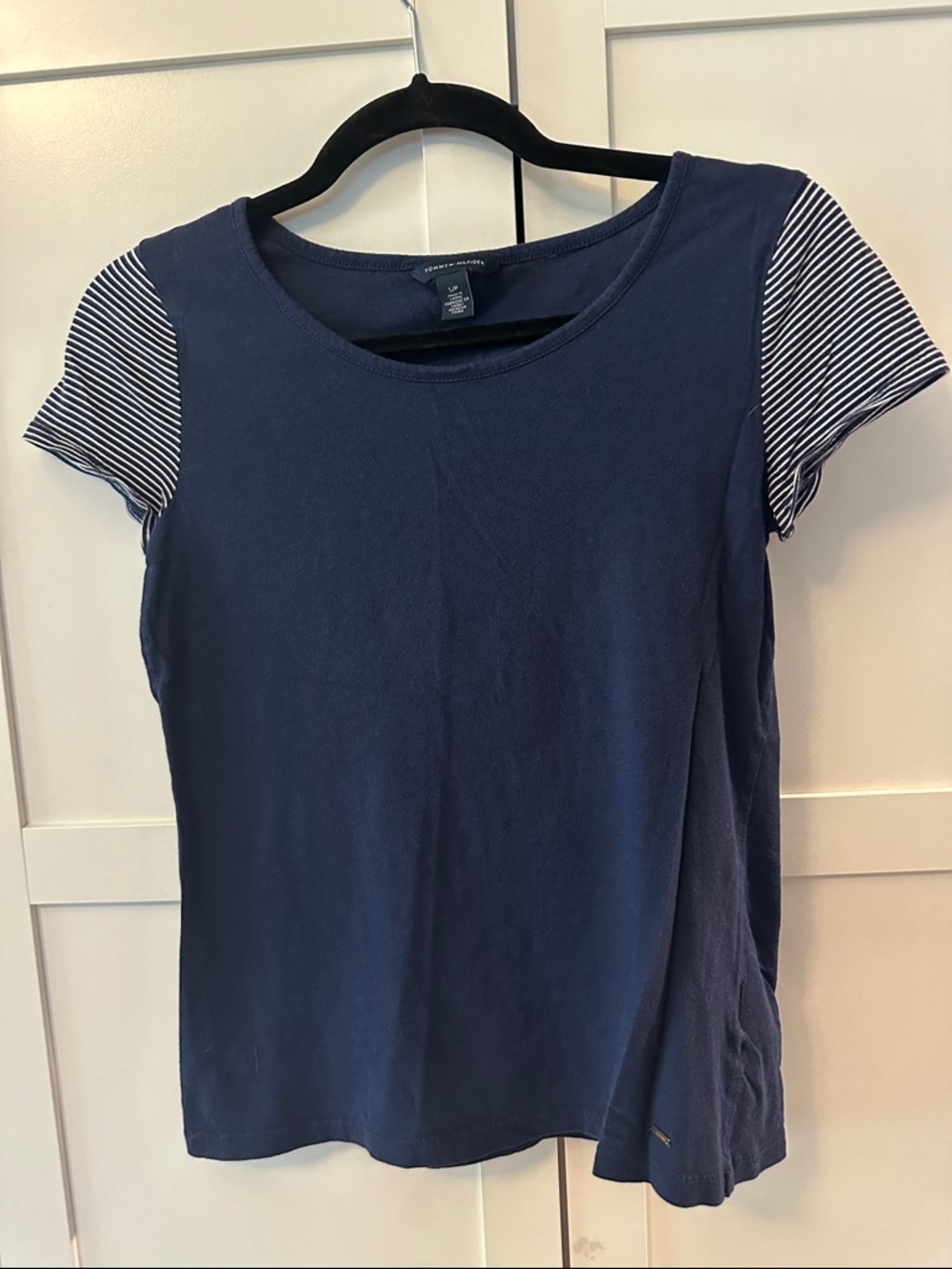Tommy Hilfiger Navy Tee with Striped Cap Sleeve Accents